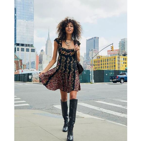 NEW Free People Women's XS Ponderosa Mini Dress Black Yellow Floral Open Back - Picture 1 of 15